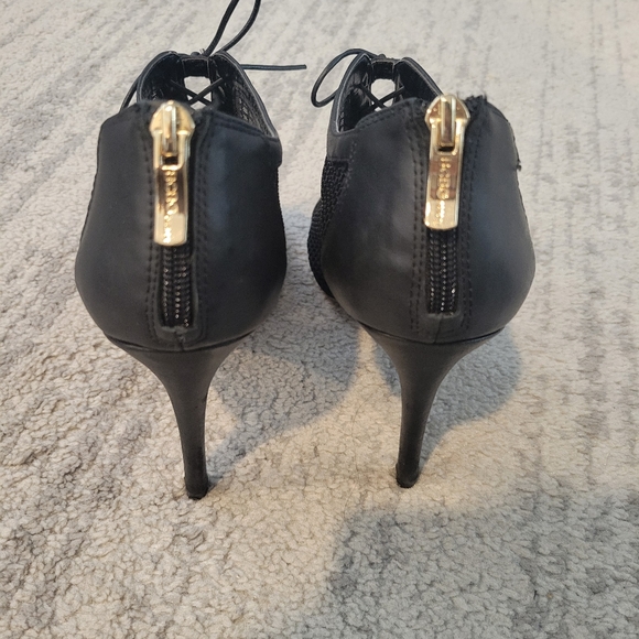 BCBG Paris Arria Black Net Lace Up Leather Heel Booties - Picture 4 of 9